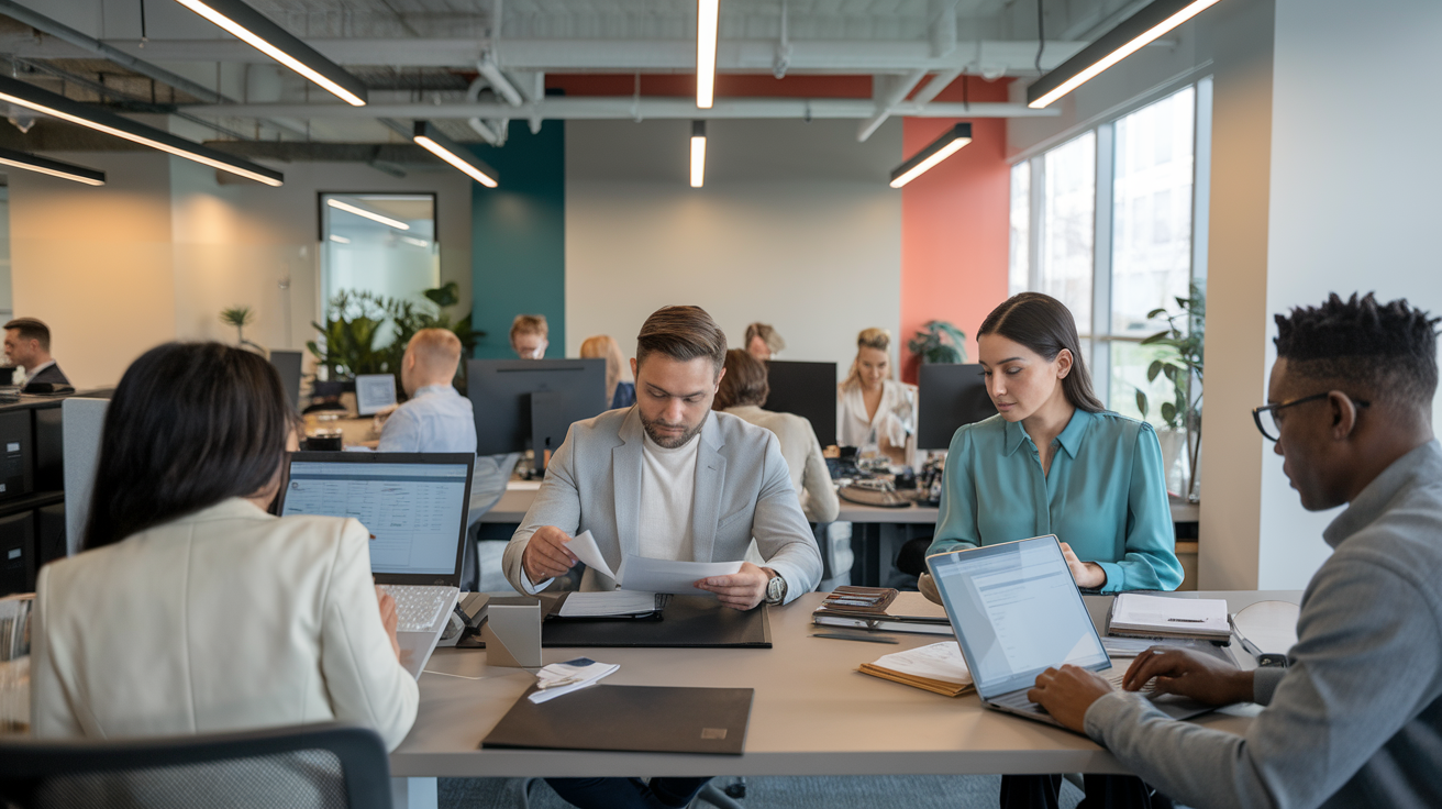 Team brainstorming in a modern office space as part of the company journey.